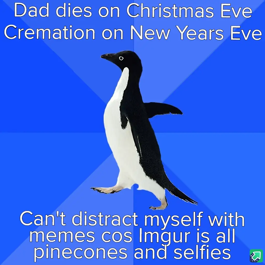A black-and-white penguin stands against a blue background with diagonal stripes. White text at the top reads 'Dad dies on…