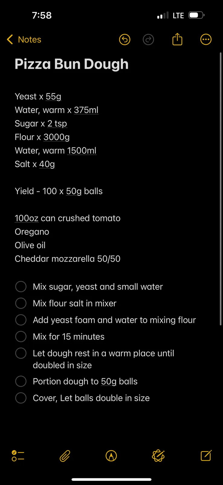 A screenshot of a phone notes app displaying a recipe titled 'Pizza Bun Dough' with absurdly large ingredient quantities…