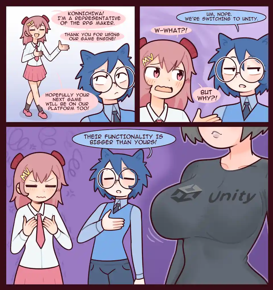A three-panel comic shows a pink-haired RPG Maker representative enthusiastically thanking a developer for using their…