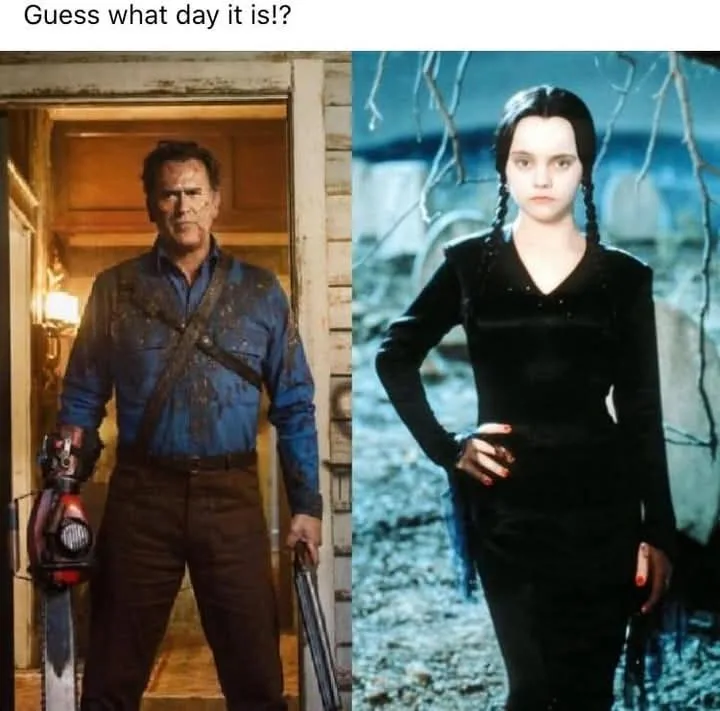 The image is split into two panels. Left: A man in a blue shirt and brown pants, holding a chainsaw and a shotgun, standing…