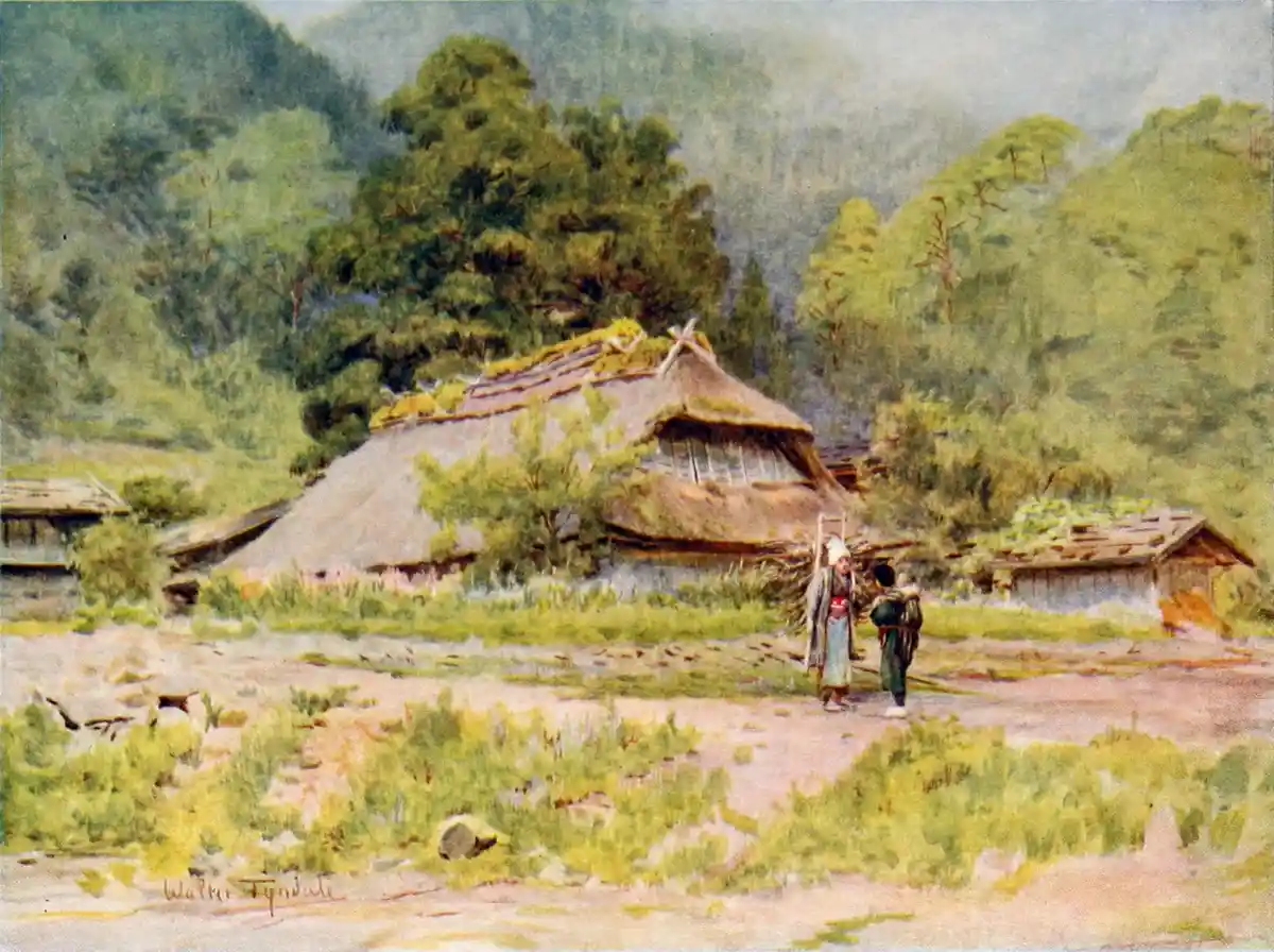 A watercolor painting depicts two people in traditional Japanese attire standing near a rustic thatched-roof house in a…