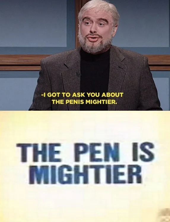 A man with gray hair and a beard, wearing a dark suit jacket over a black turtleneck, looks surprised while speaking. Yellow…
