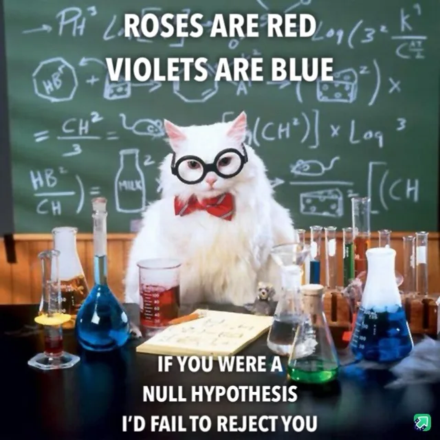 A white cat wearing round black-rimmed glasses and a red bowtie sits at a lab table surrounded by colorful beakers and…
