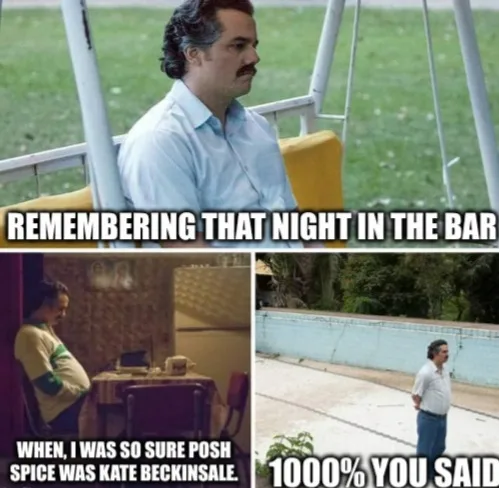 The meme features three panels: top shows a man (Narco) looking pensive on a swing; bottom left shows a man (Narco) laughing…