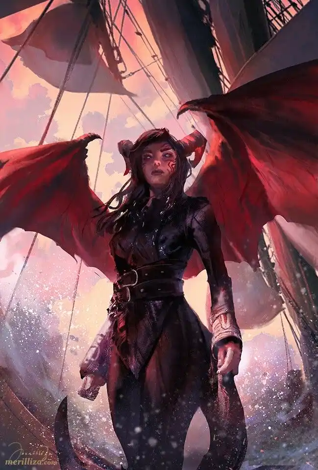 A fantasy illustration shows a woman with red bat-like wings, small horns, and dark clothing standing on a ship with sails…