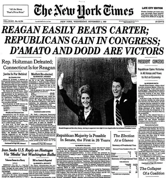 A black-and-white image of the November 3, 1980, front page of The New York Times, reporting on Ronald Reagan's presidential…