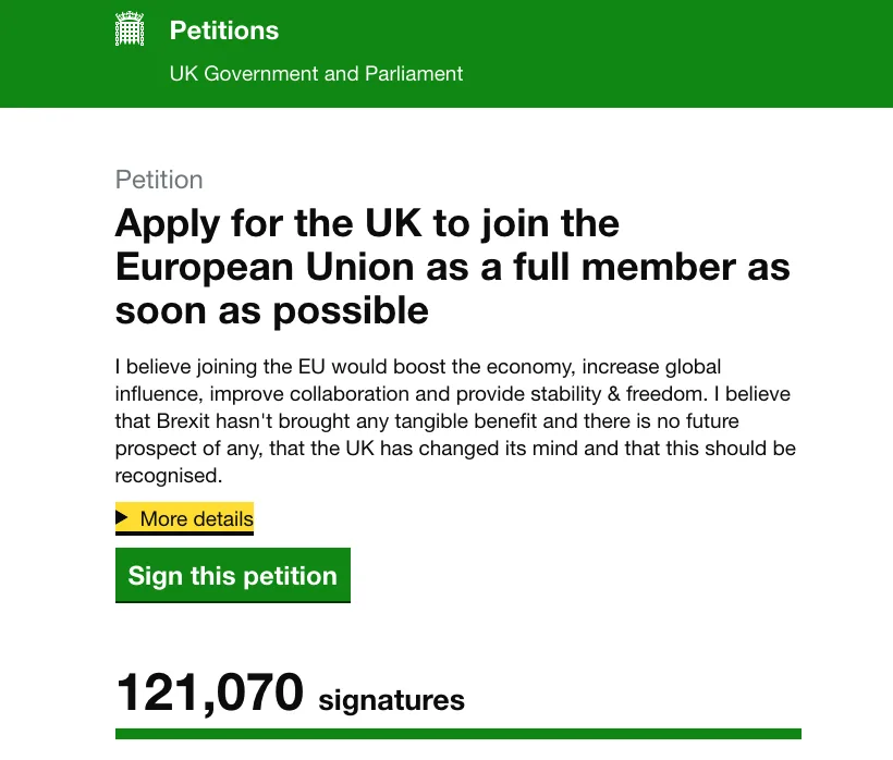 A screenshot of a UK government petition page showing a petition titled 'Apply for the UK to join the European Union as a…