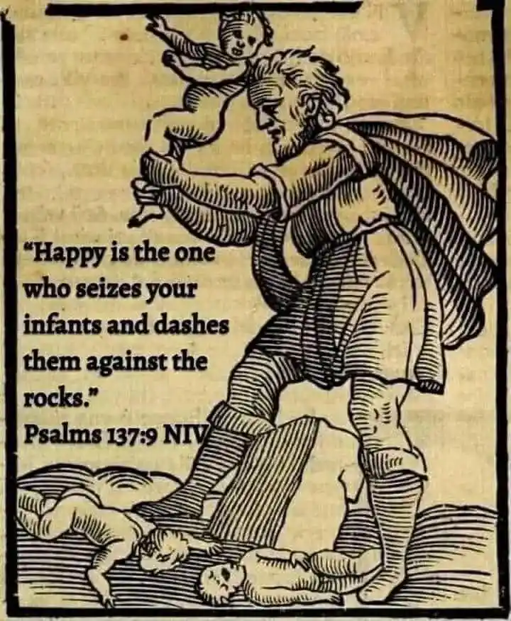 An old woodcut-style illustration depicts a man holding an infant aloft while two other infants lie dead at his feet…