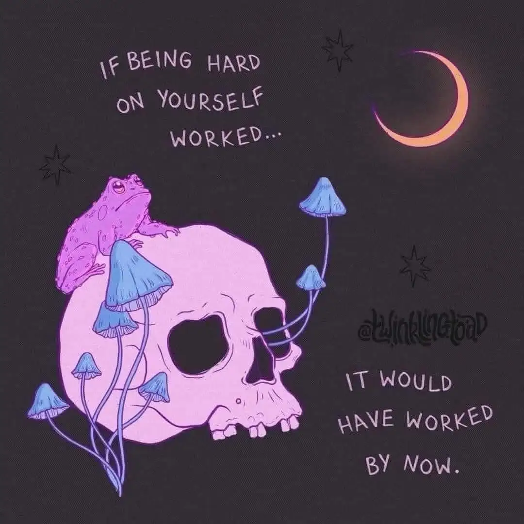 A purple frog sits atop a pink skull adorned with blue mushrooms against a dark background with stars and a crescent moon…