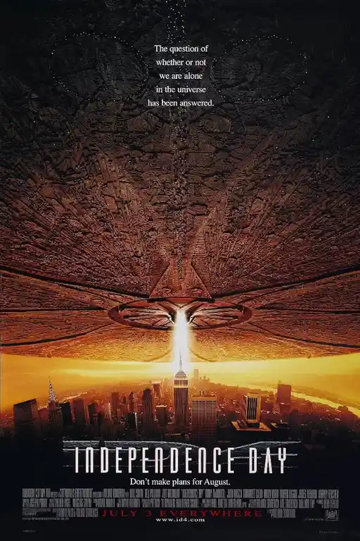 A movie poster for 'Independence Day' shows a massive alien spaceship hovering over a city skyline, with a beam of light…