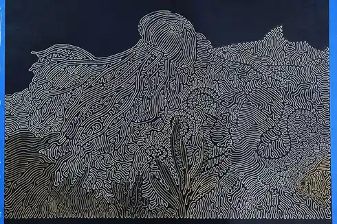 A stylized artwork depicts a person with long hair, rendered in white and gold lines against a dark background, with the…