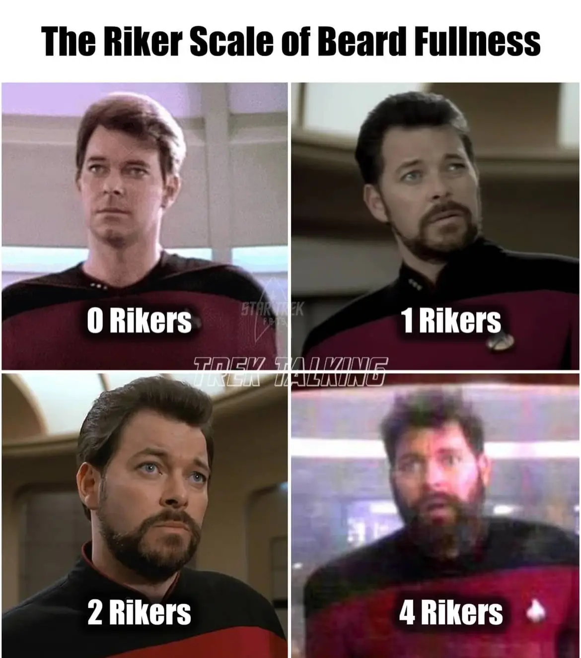 A four-panel meme showing actor Patrick Stewart as Star Trek's Captain Jean-Luc Picard in different beard stages, labeled '0…