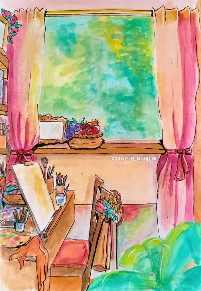 A watercolor illustration of a cozy artist's studio with pink curtains framing a window showing green foliage. On the…