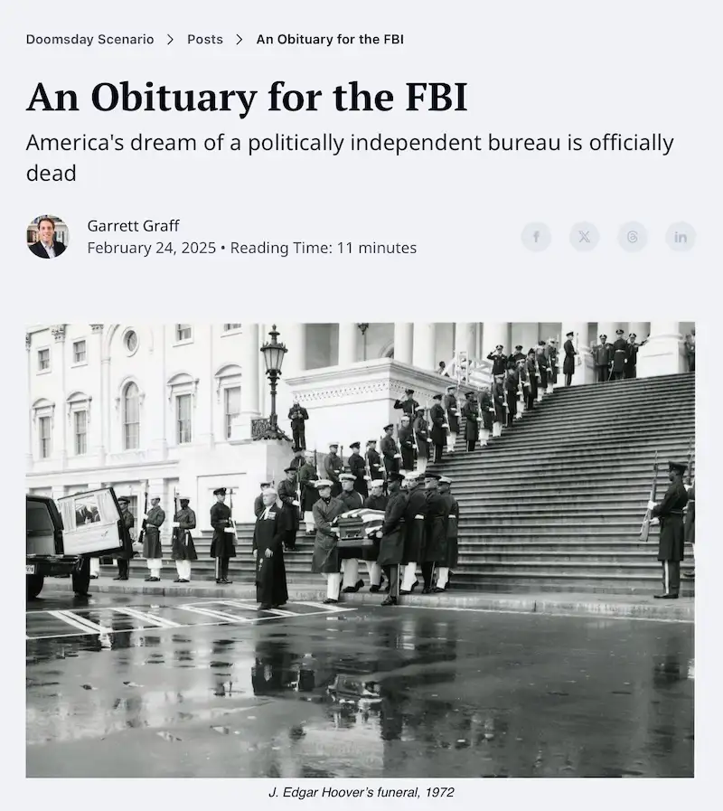 A black-and-white photo shows a formal funeral procession for J. Edgar Hoover at the FBI building in 1972, with uniformed…