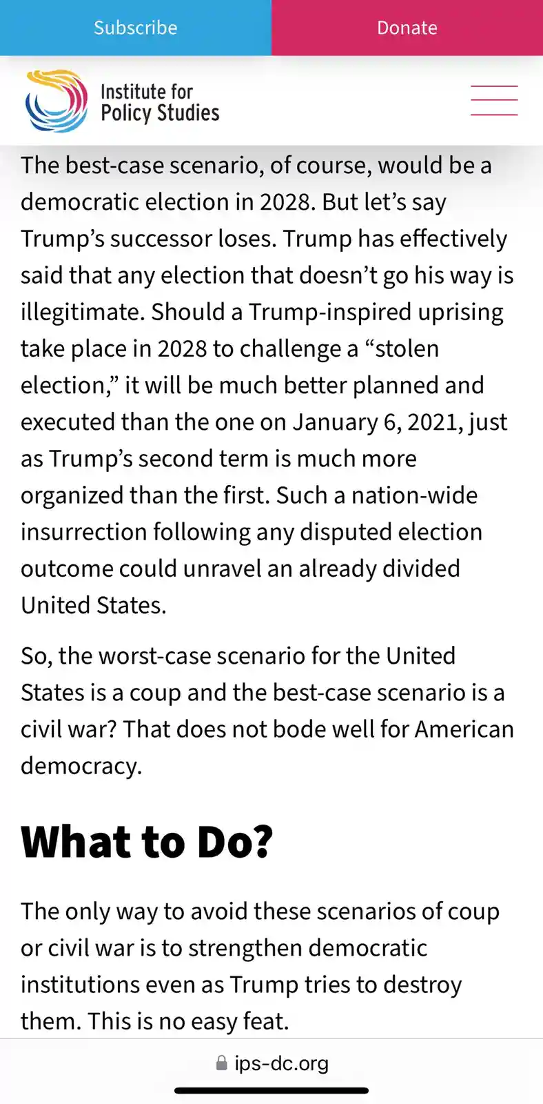 A screenshot of a webpage from the Institute for Policy Studies discussing political scenarios for the 2028 U.S. election…