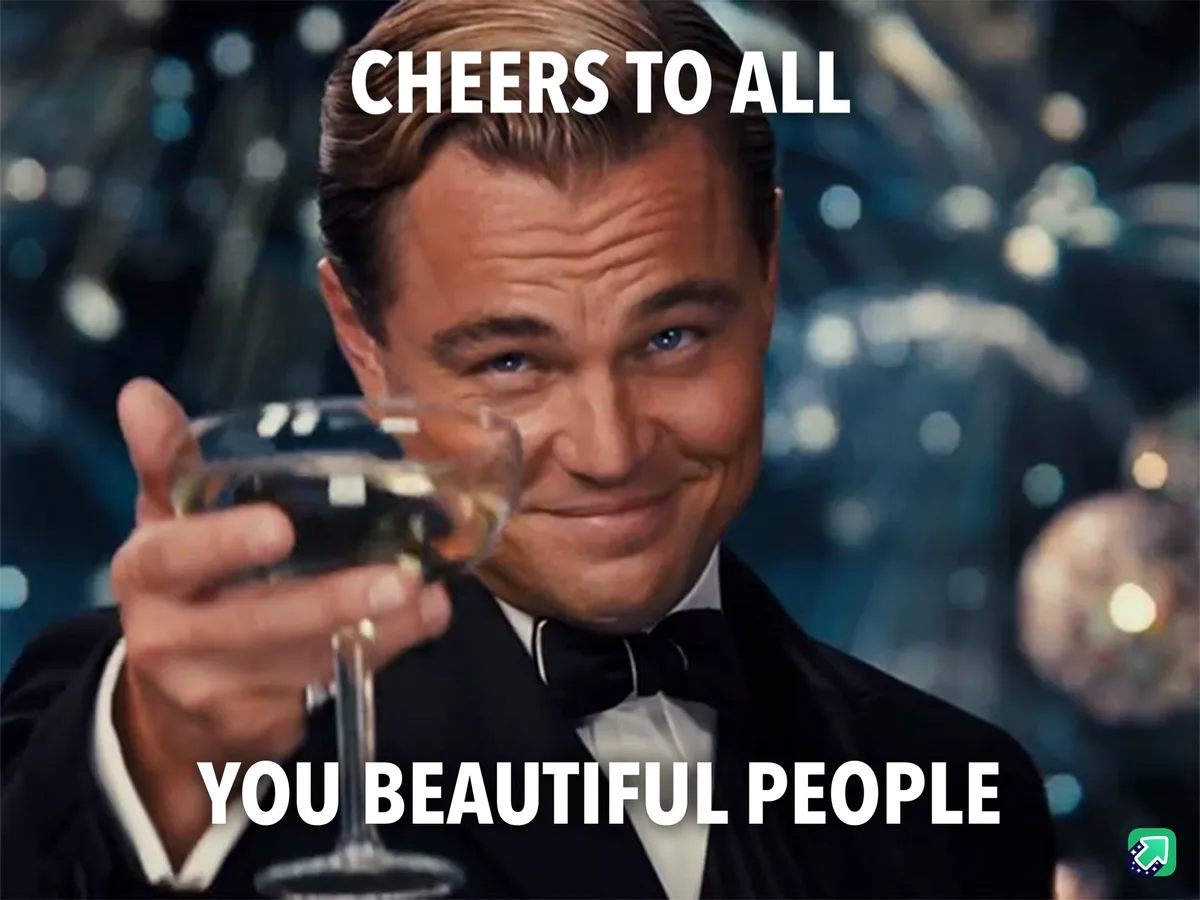 A man in a tuxedo holds up a champagne glass in a celebratory toast, smiling warmly at the camera. The image has white text…