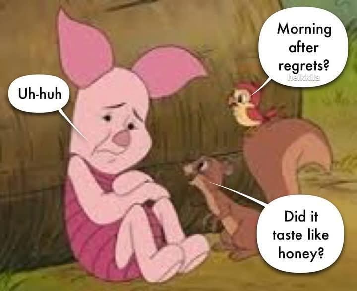A sad-looking cartoon pig, Piglet, sits hunched with a gloomy expression while two small animals, a bird and a squirrel, ask…