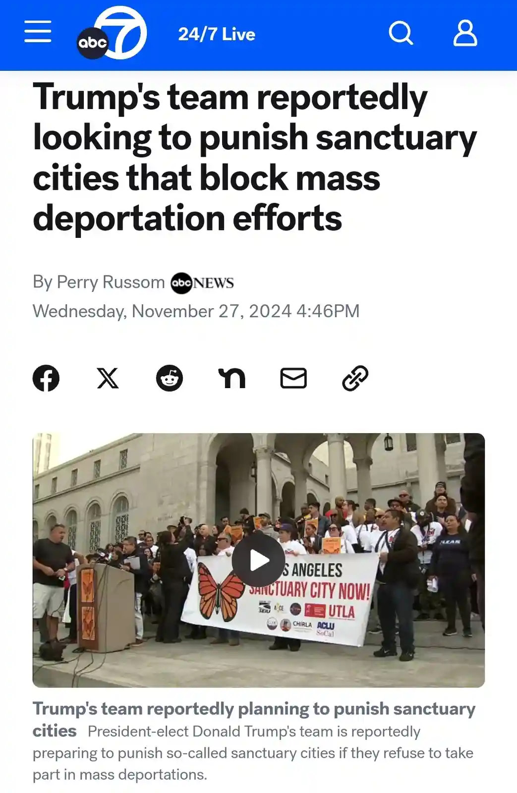 A screenshot of an abc7news article dated November 27, 2024, with a headline about Trump's team reportedly looking to punish…