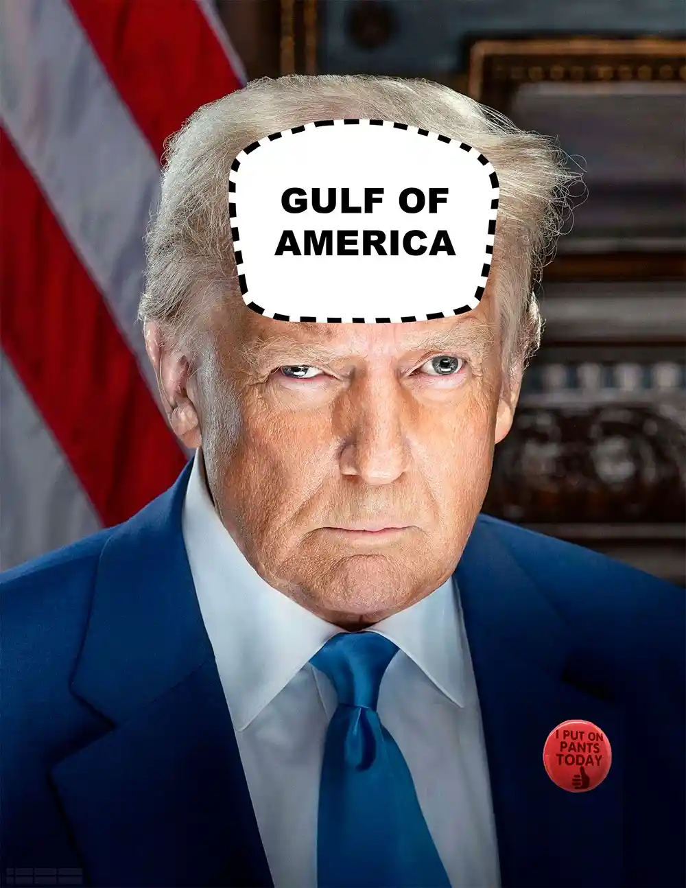 A close-up photo of Donald Trump in a blue suit and tie, with an American flag visible behind him. A white speech bubble…