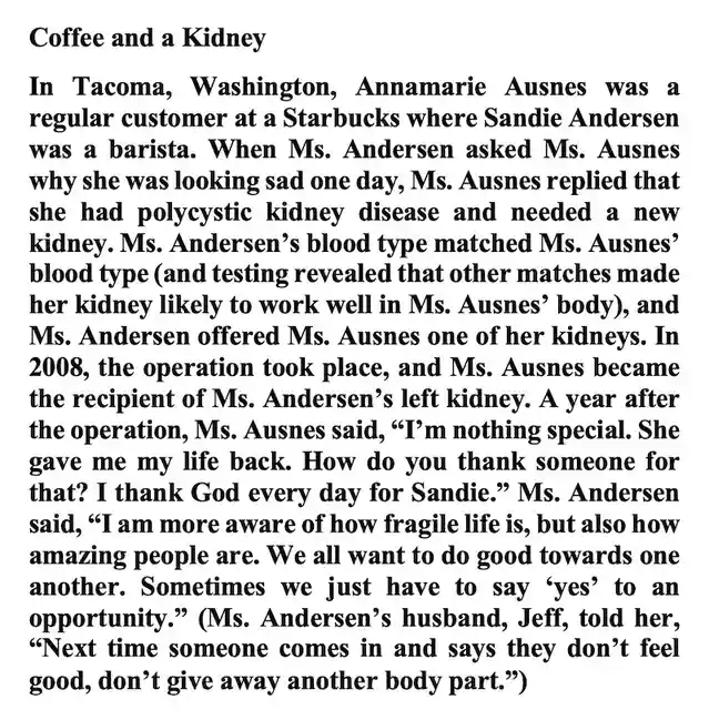 A black-and-white text image recounts the true story of Annamarie Ausnes, who received a kidney from barista Sandie Andersen…