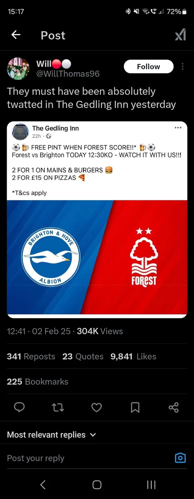A screenshot of a social media post by user Will showing a tweet from 'The Gedling Inn' advertising free pints when Forest…