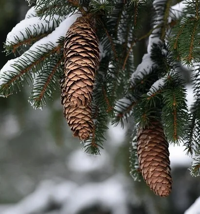 A close-up photograph of two brown pine cones hanging from a snow-dusted evergreen tree branch. The background is softly…