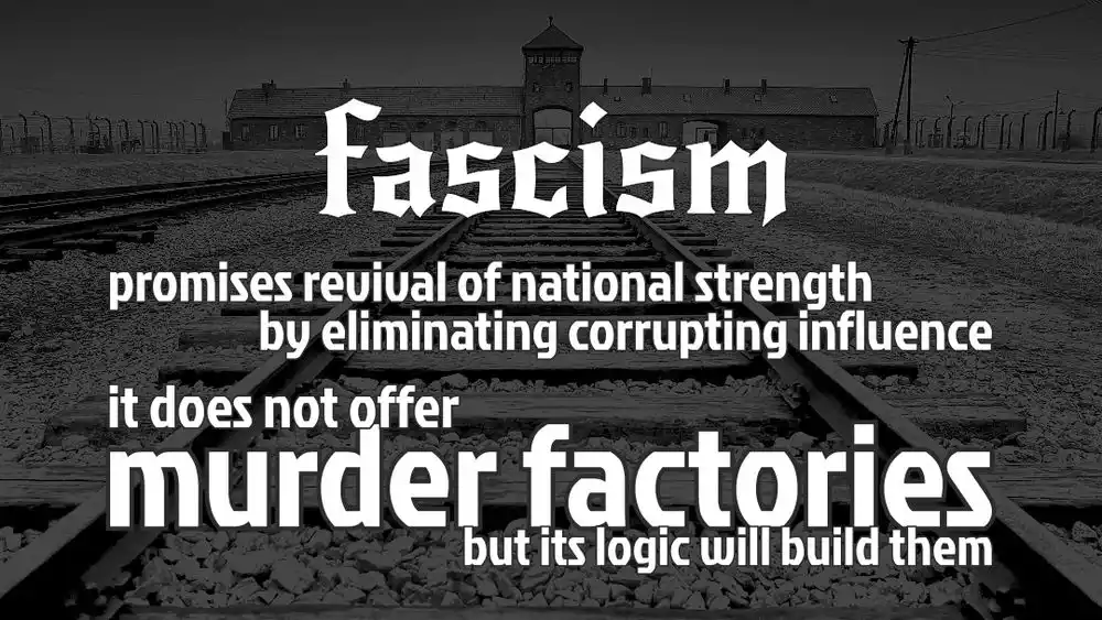 A black-and-white image of train tracks leading toward a concentration camp gate, overlaid with white text that reads…