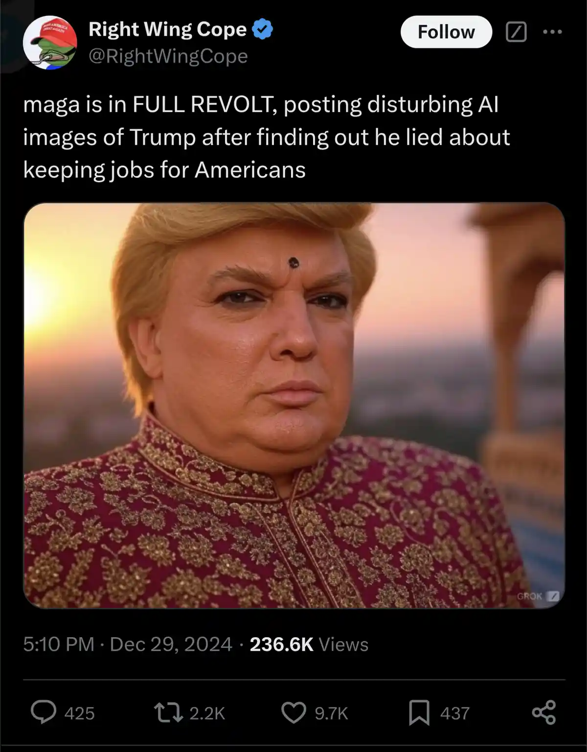 An AI-generated image shows a man resembling Donald Trump wearing an ornate, maroon and gold patterned traditional Indian…