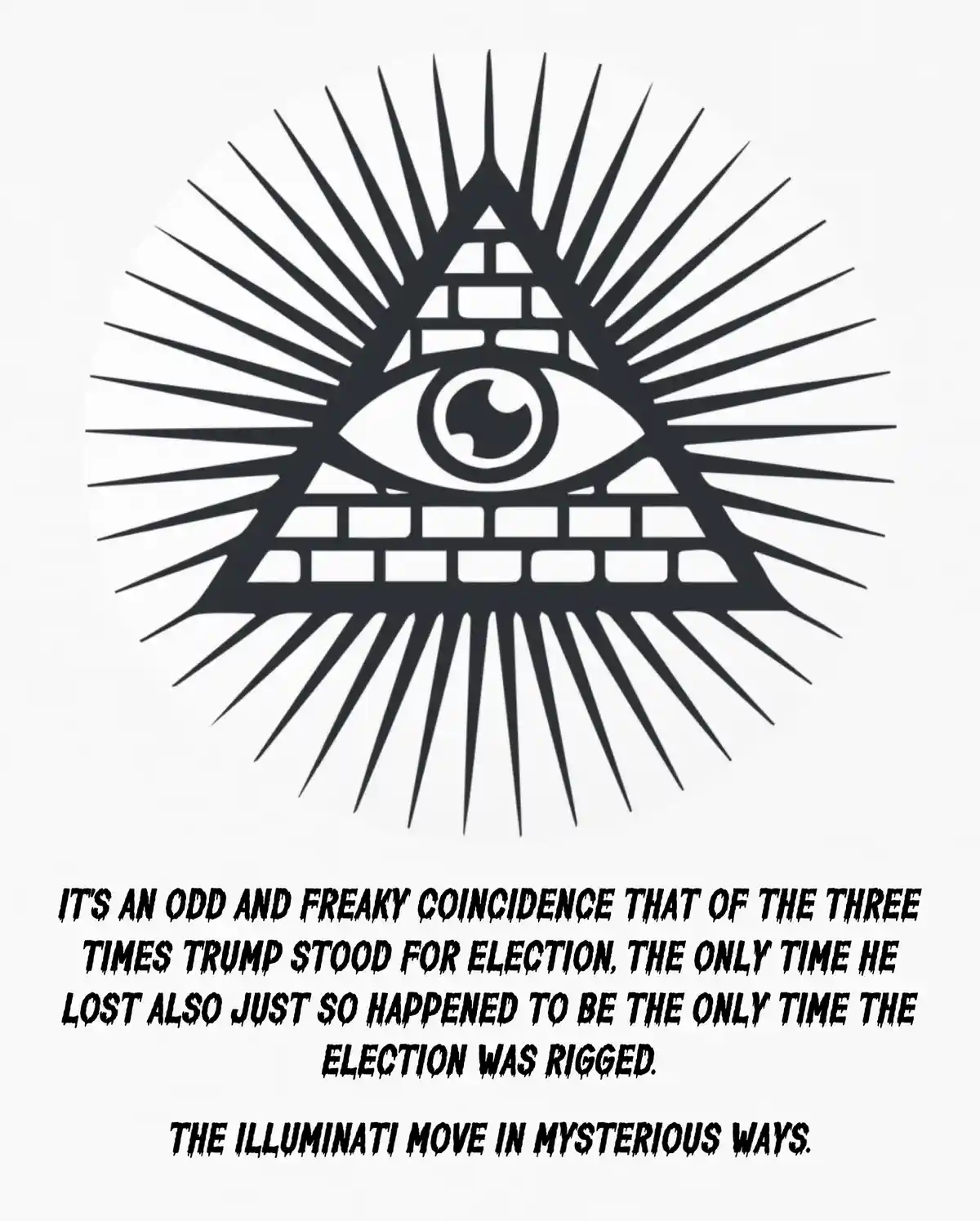 The image displays a black and white graphic of the all-seeing eye symbol inside a pyramid, surrounded by radiating lines…