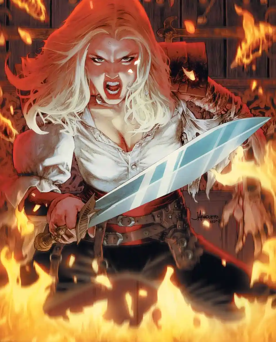 A fierce, blonde-haired woman with an angry, screaming expression wields a large sword with a blue and white checkered…