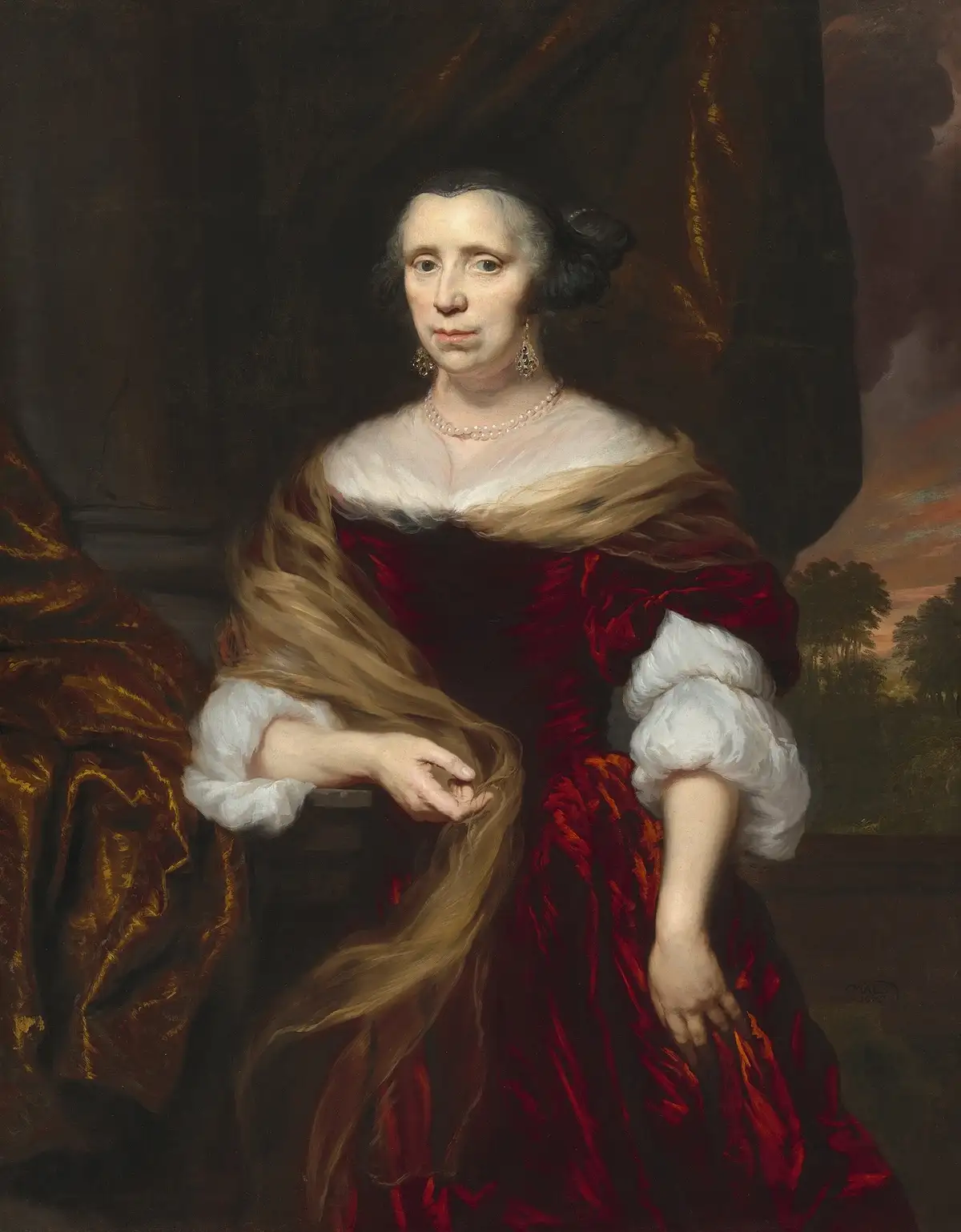 A classical portrait of a woman in a red velvet dress with white ruffled sleeves and a pearl necklace, holding a golden…