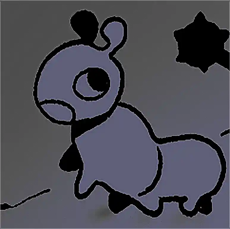 A stylized, low-polygon cartoon character with large eyes and a simple body is shown looking to the side with a neutral or…