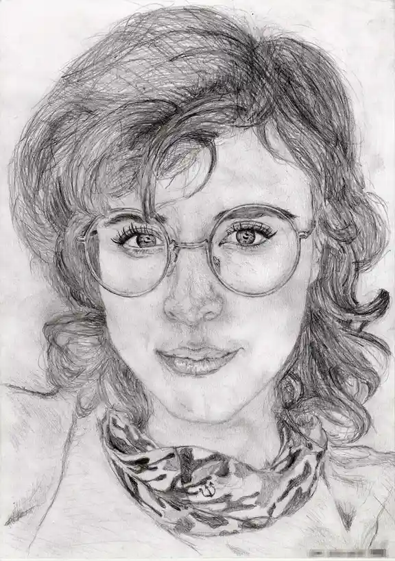 A detailed pencil sketch of a woman with curly hair, round glasses, and a patterned scarf, overlaid with the text 'i'm not a…