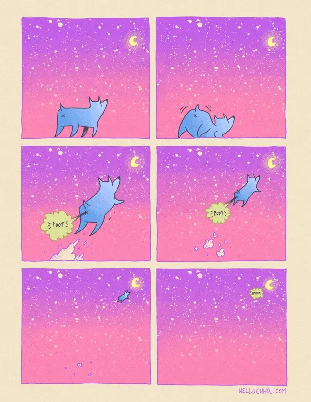 A six-panel comic strip shows a blue cartoon dog standing under a starry pink-purple sky with a crescent moon. The dog gets…
