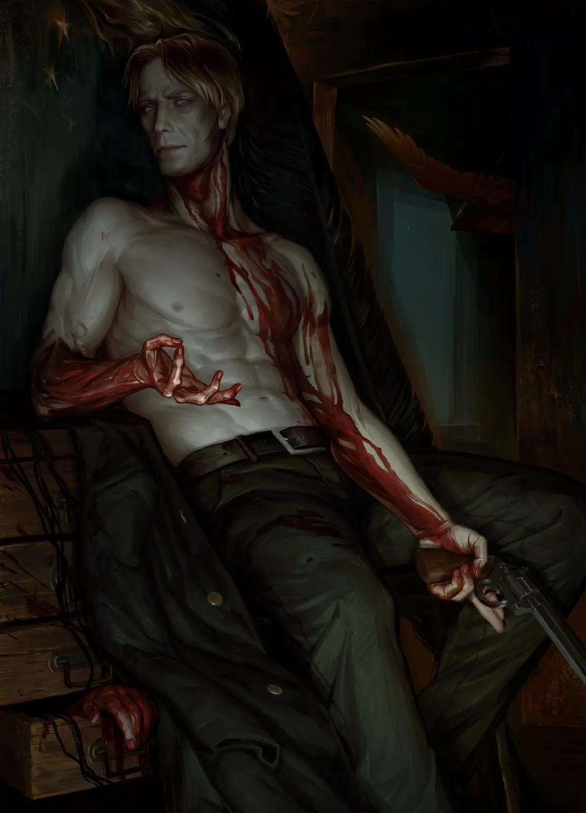 A shirtless, blood-covered man with pale skin and blonde hair sits slumped on a wooden crate, holding a revolver in one hand…