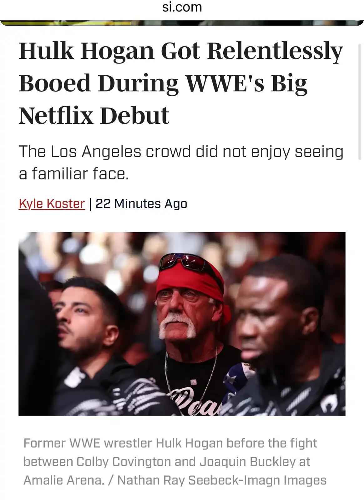 The image shows a screenshot of a sports news article from si.com with the headline 'Hulk Hogan Got Relentlessly Booed…