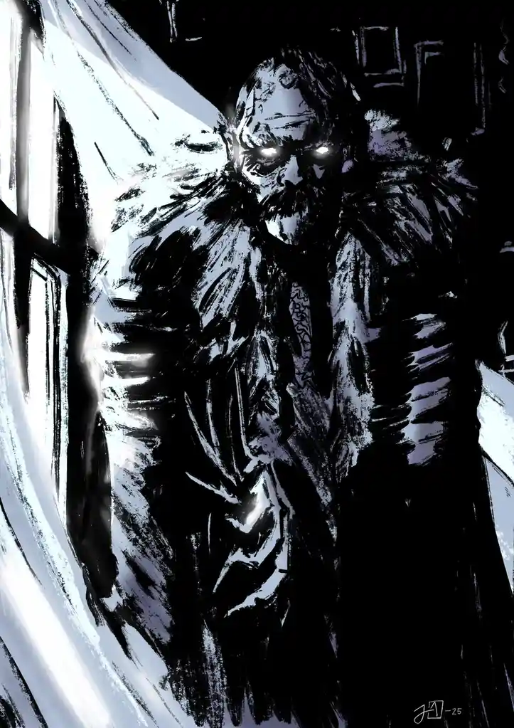 A dark, stylized illustration depicts a menacing, winged figure with glowing eyes and a stern expression, standing in a…