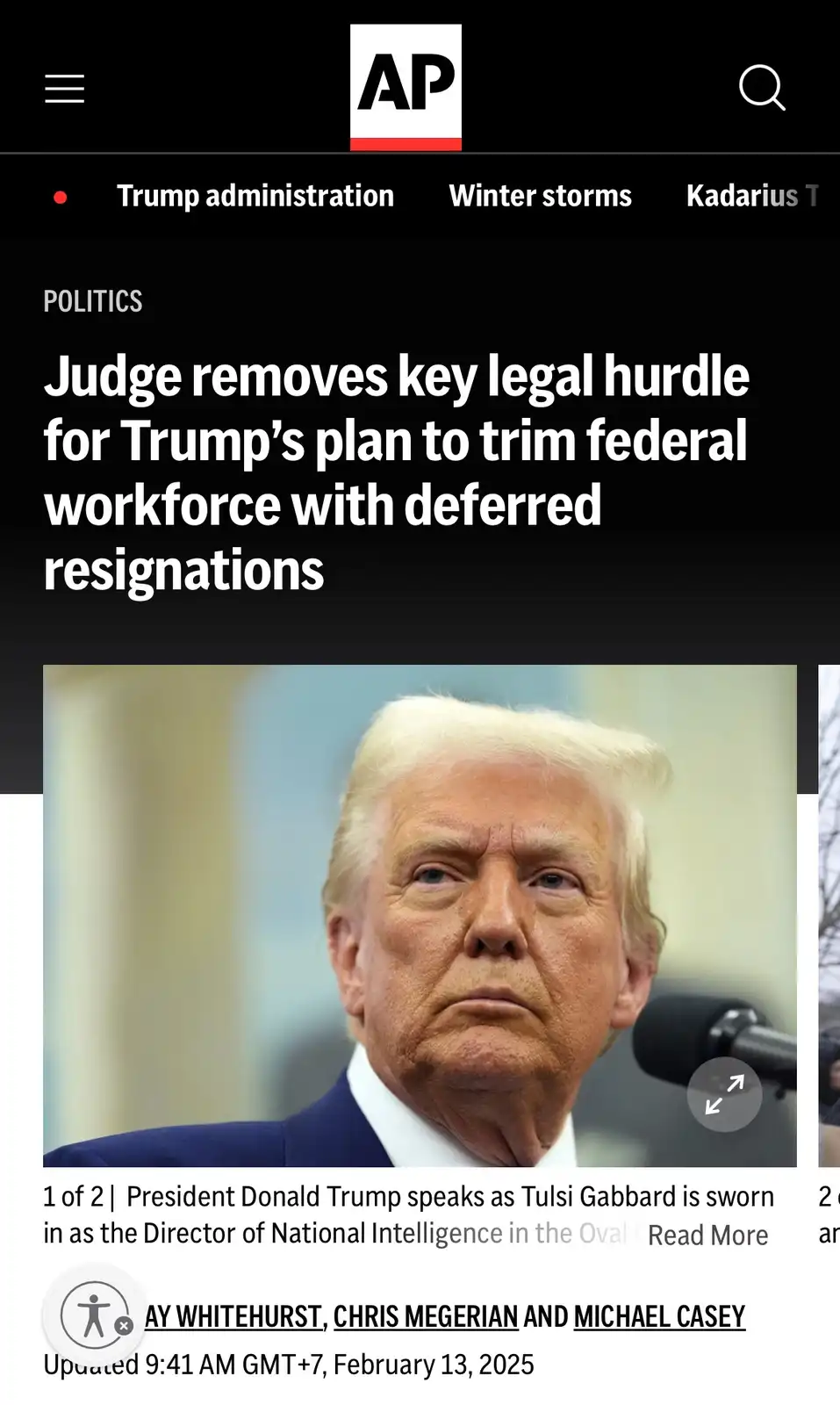 A screenshot of an Associated Press news article shows a photo of Donald Trump looking serious while speaking at a…