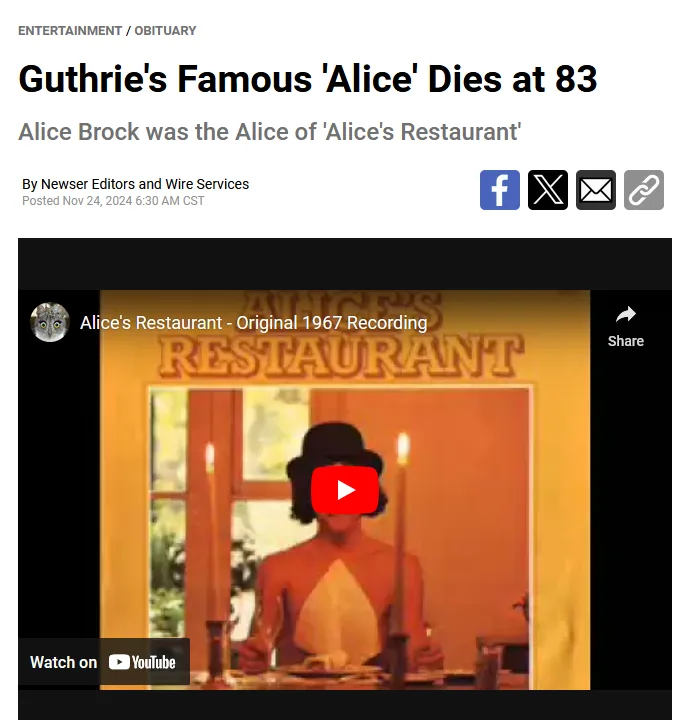 A screenshot of a fake news article titled 'Guthrie's Famous 'Alice' Dies at 83' with a subheading identifying Alice Brock…