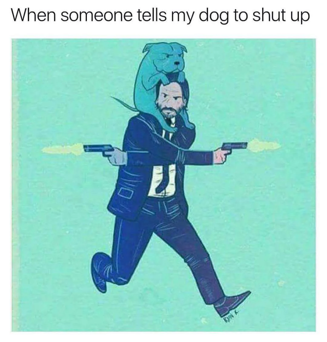 A cartoon illustration shows a man in a dark suit and tie, resembling Keanu Reeves as John Wick, running forward while…