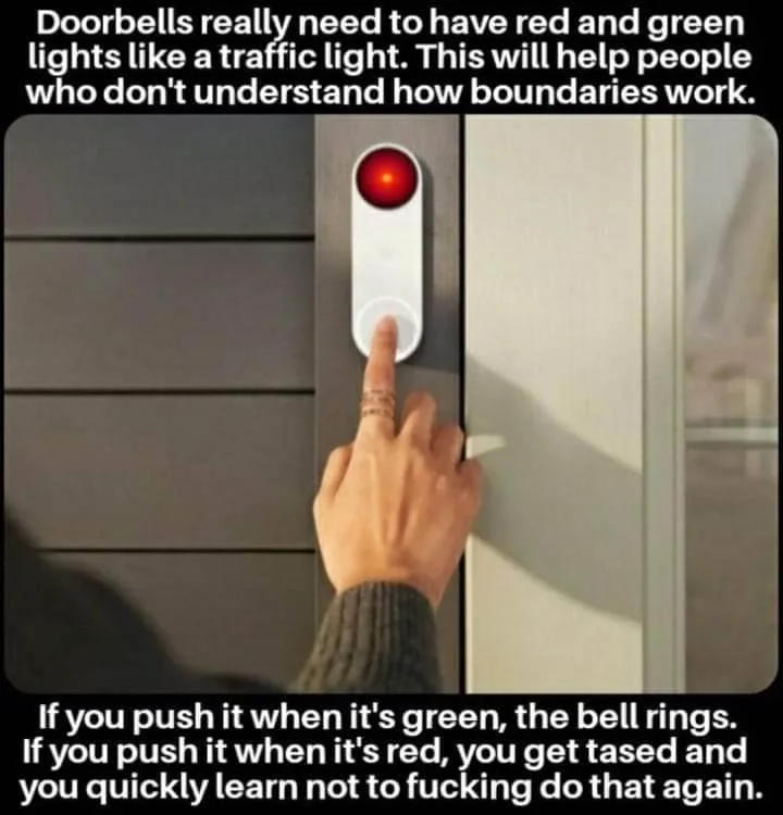A close-up photo shows a person's finger pressing a modern white doorbell button mounted on a gray wall. The doorbell's…