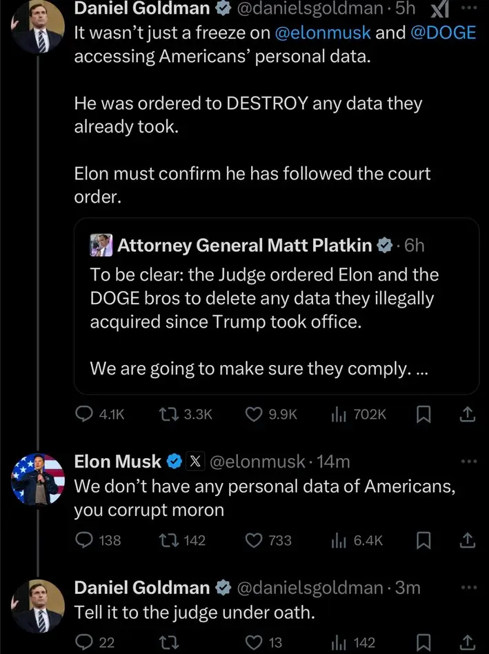 A screenshot of a Twitter thread showing Daniel Goldman accusing Elon Musk and DOGE of illegally accessing Americans' data…