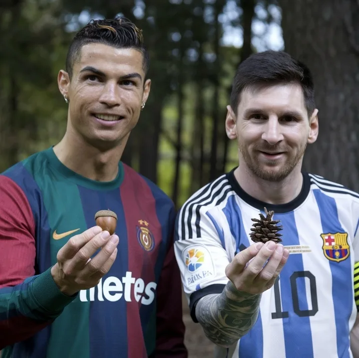 Two men, identified as Cristiano Ronaldo and Lionel Messi, stand side by side in a forest, each holding a small natural…