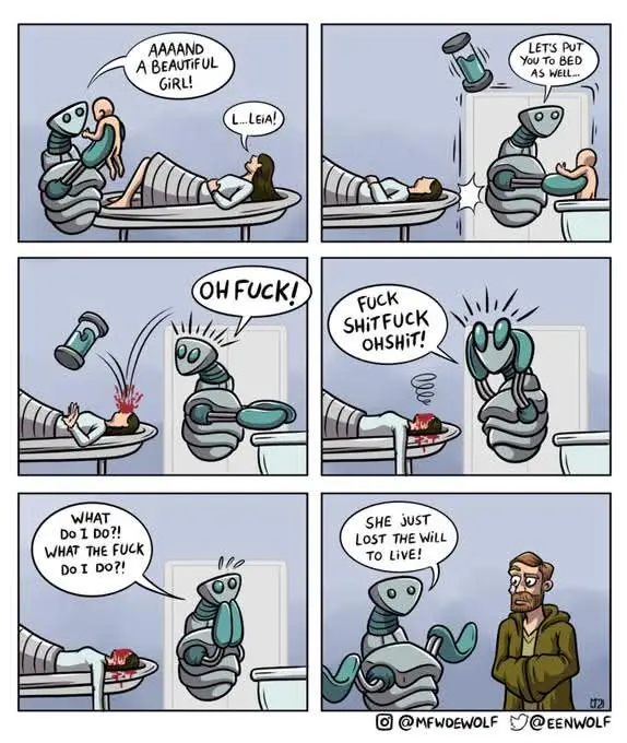A six-panel comic strip depicts a robot nurse holding a newborn baby while a patient in bed exclaims 'L...Leia!' The robot…