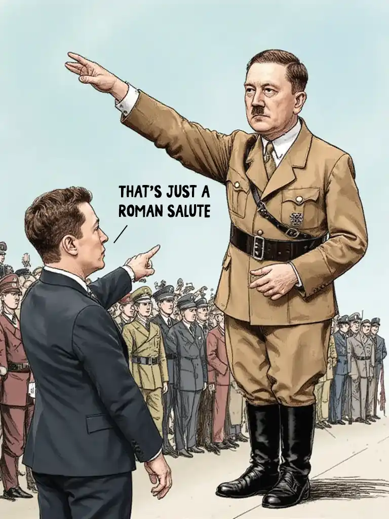 A cartoon depicts a man in a brown Nazi uniform raising his right arm in a salute, while a man in a dark suit points at him…