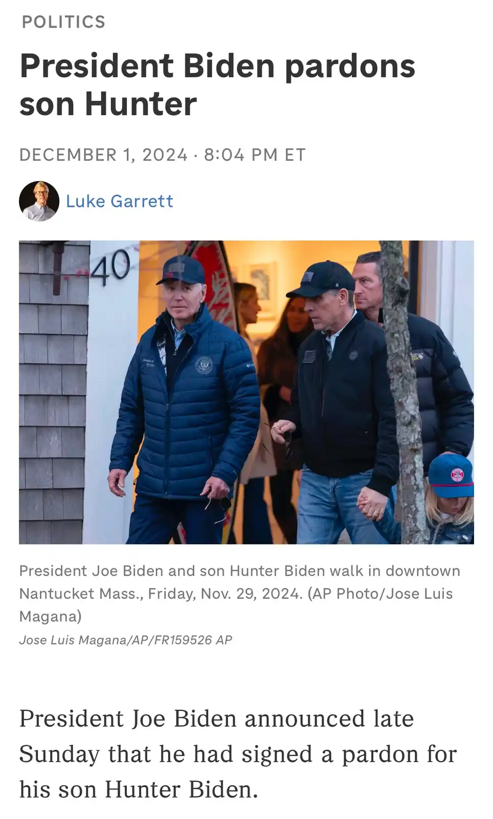 A news article screenshot shows President Joe Biden and his son Hunter Biden walking together in Nantucket, with the…