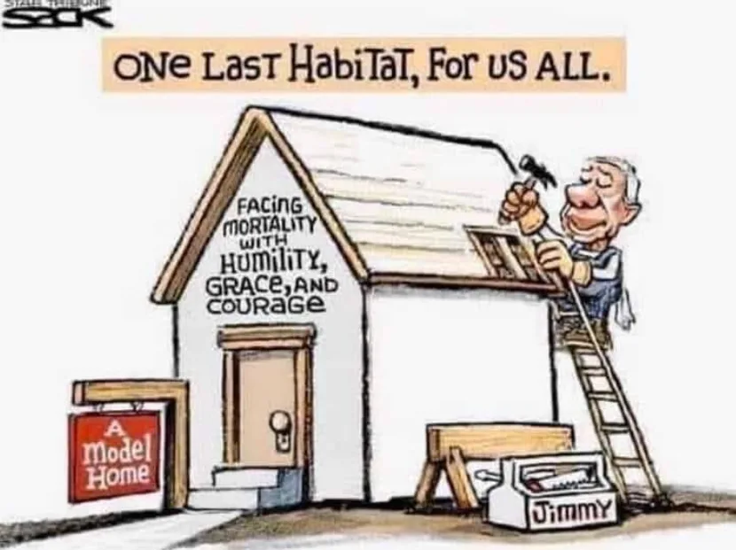 A cartoon depicts an elderly man on a ladder hammering shingles onto a small house. The house has text on its gable reading…