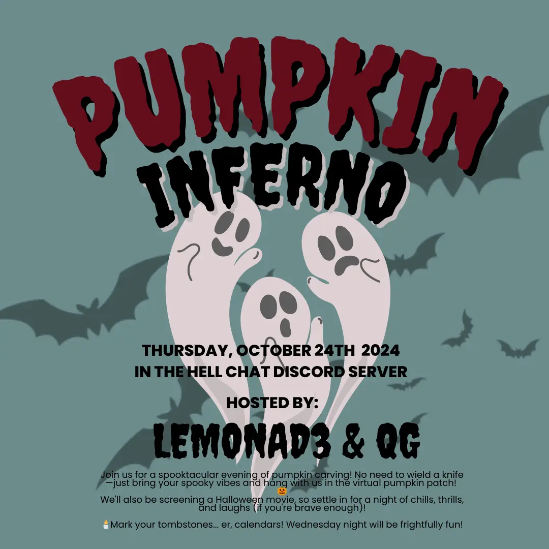 A Halloween-themed event poster titled 'PUMPKIN INFERNO' features three cartoon ghosts against a teal background with bat…