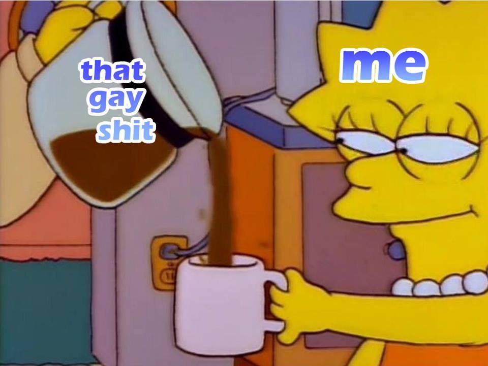 A still from The Simpsons shows Lisa Simpson holding a white mug while coffee is poured into it from a pot. Text overlaid on…