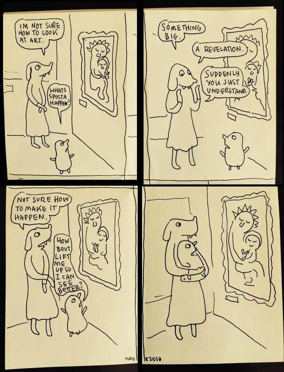 A four-panel comic strip drawn in black ink on beige paper shows a dog and a small bird in an art gallery. The dog…
